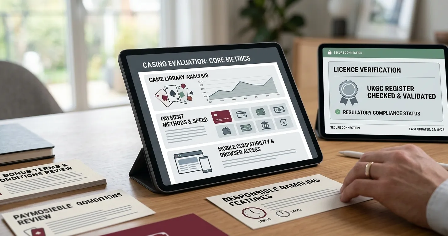 Editorial illustration of a casino review dashboard with game, payment, mobile and licence symbols
