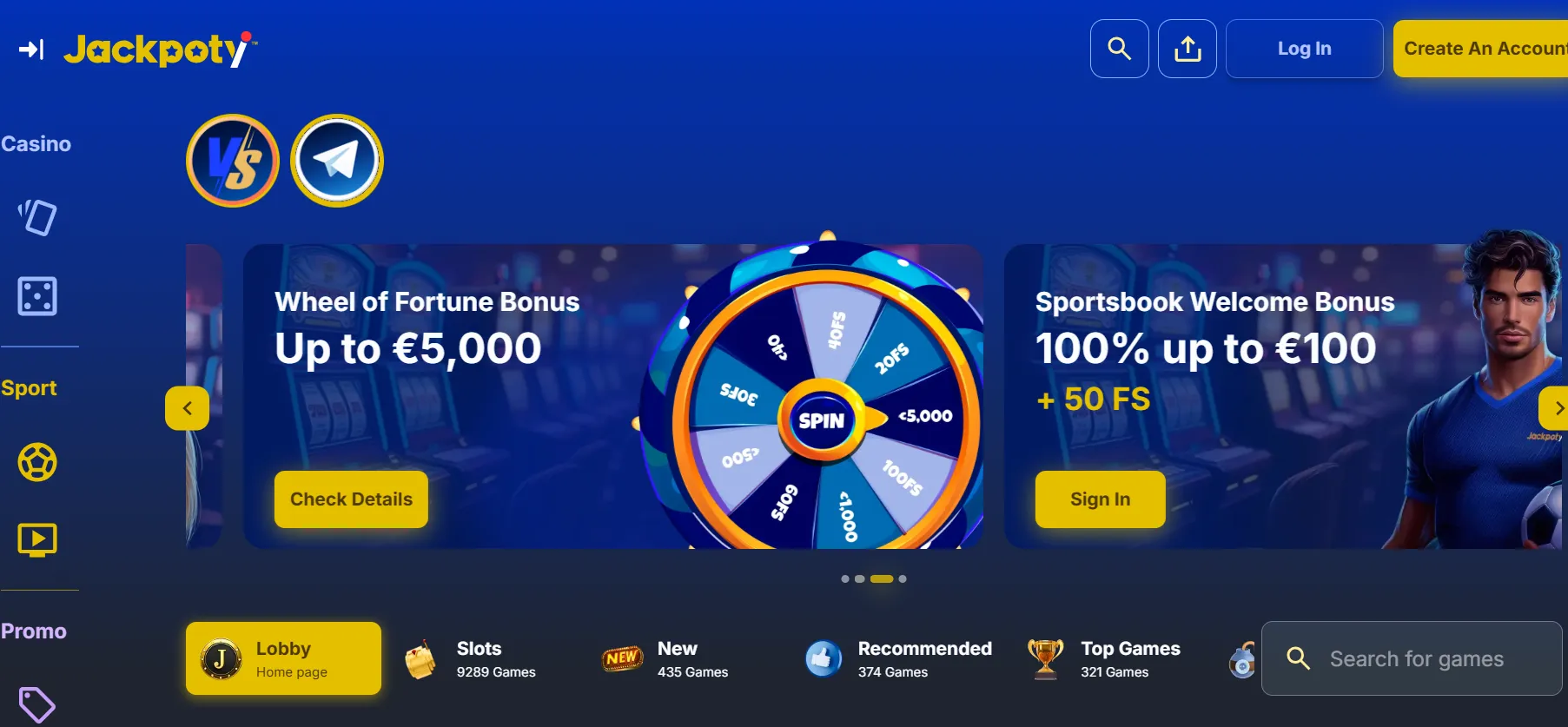 the current Jackpoty homepage and casino category navigation
