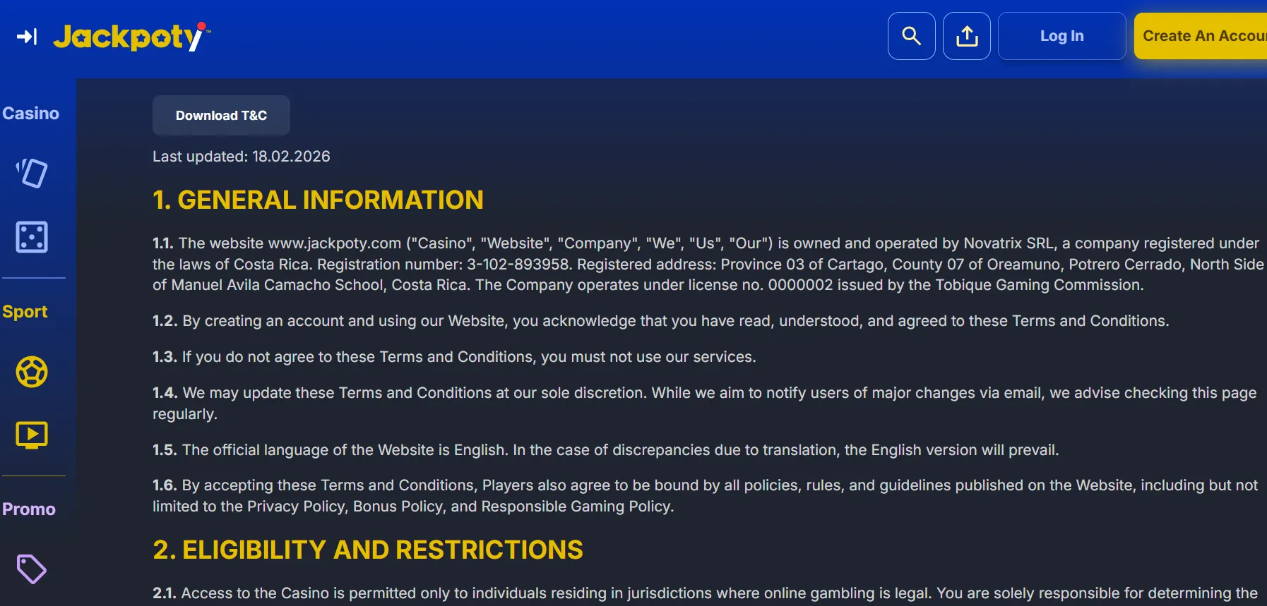 Jackpoty Terms showing Novatrix SRL and Tobique Gaming Commission licence information