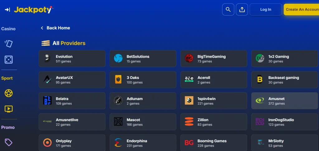 the Jackpoty games and providers catalogue