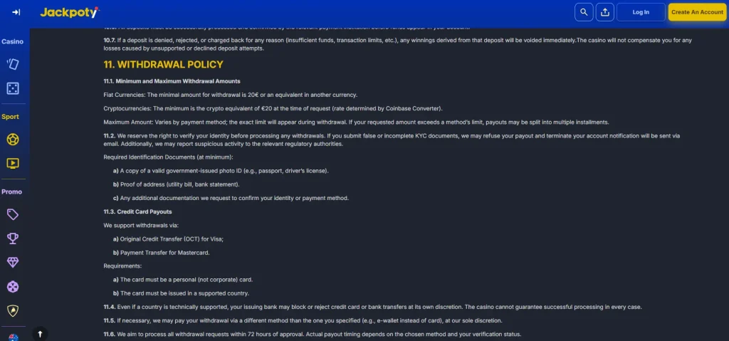 Current Jackpoty Terms withdrawal policy showing minimum, processing target and limits