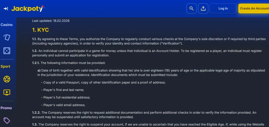 Current Jackpoty KYC policy showing identity and verification requirements