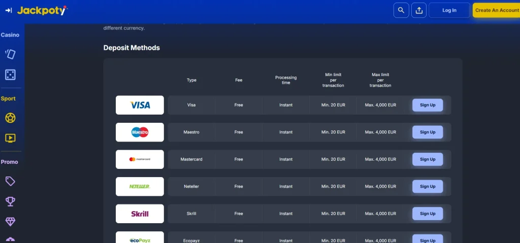 Current official Jackpoty payment options table with deposit and withdrawal methods