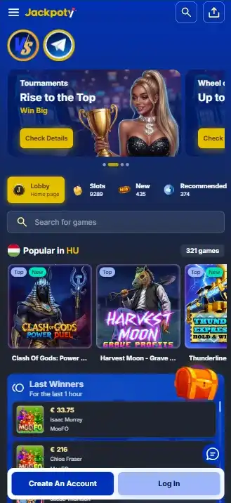 Current Jackpoty website shown at a narrow mobile viewport