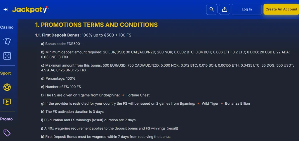 Jackpoty first-deposit bonus terms and conditions