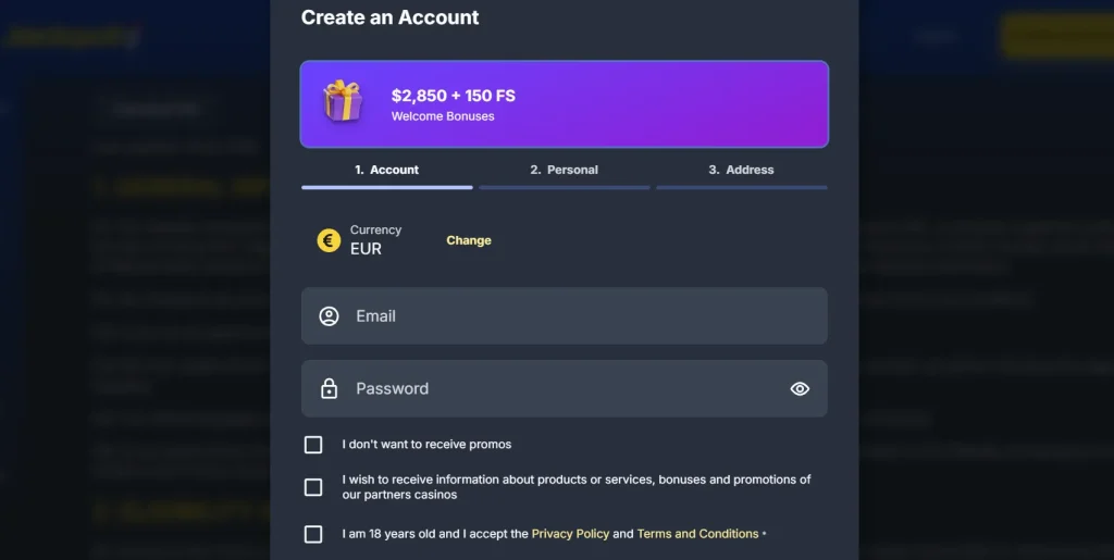 Current Jackpoty account creation or login interface without personal data