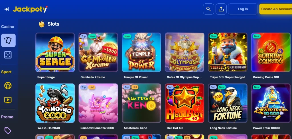 Current Jackpoty slot catalogue with game tiles and category filters