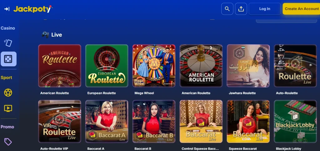Current Jackpoty live casino lobby with real dealer-game categories