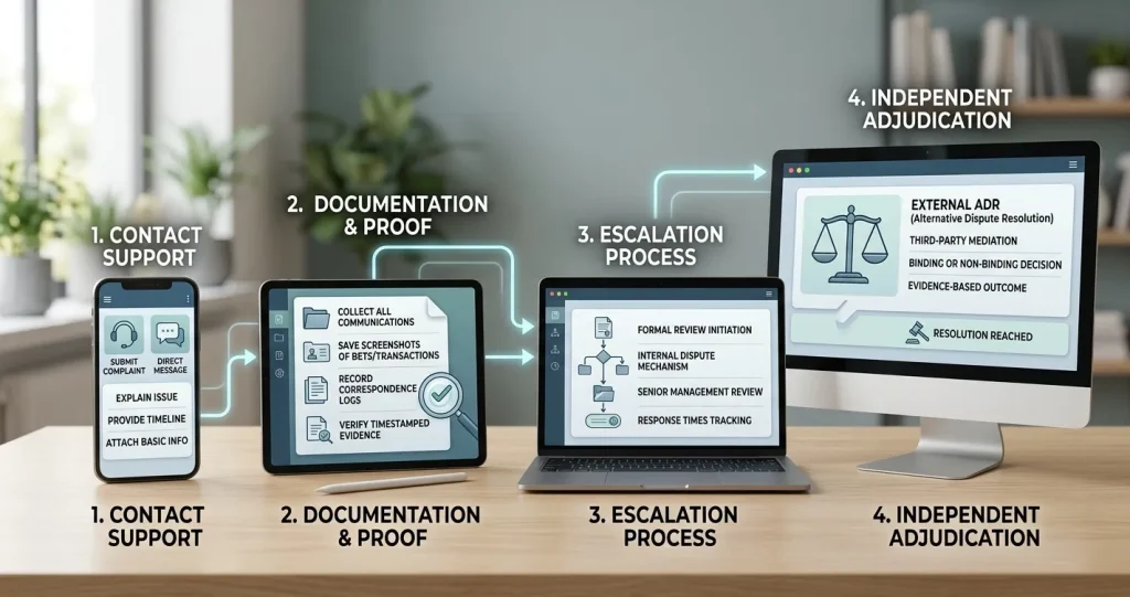 Complaint resolution path from support contact to independent dispute resolution